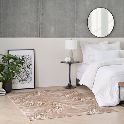 White bedding on bed with black nightstand, round mirror, abstract art, potted plant, beige swirling rug on light wood floor.