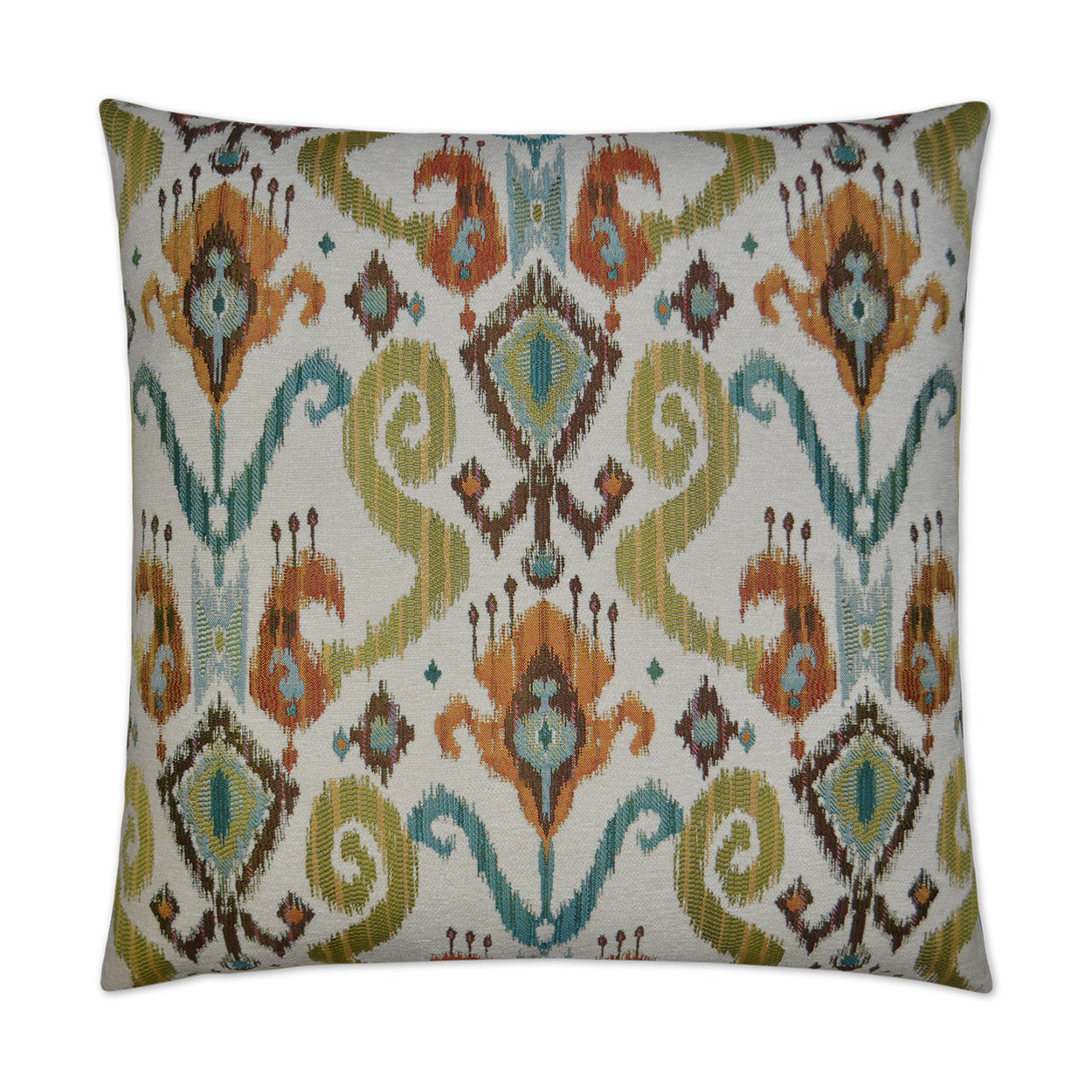 Decorative throw pillow with ikat-inspired geometric pattern in teal, orange, olive green & brown on a light background.