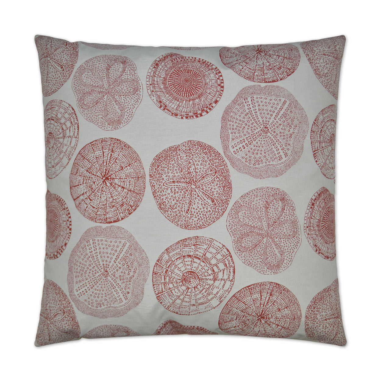 Square throw pillow with red sand dollar patterns on a light gray background; coastal decorative cushion.