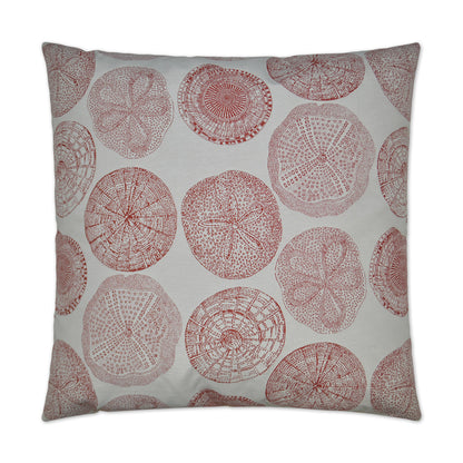 Square throw pillow with red sand dollar patterns on a light gray background; coastal decorative cushion.