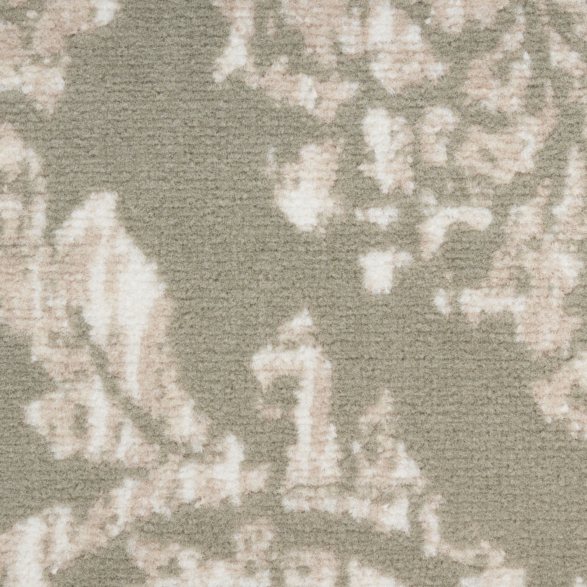Muted taupe rug with pale pink floral damask pattern and soft plush pile.