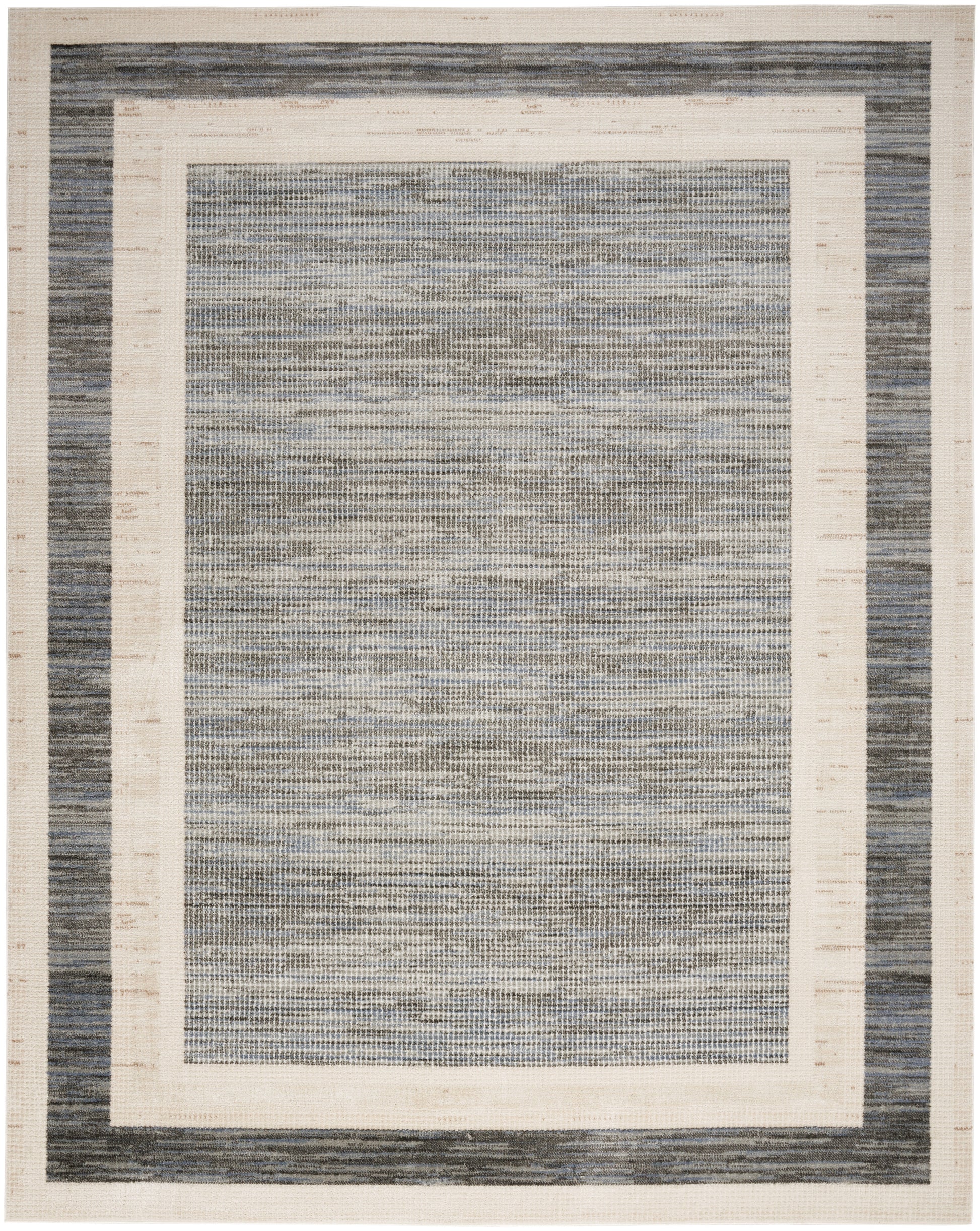 Coastal blue-gray woven rug with cream inner and outer borders and a framed central field.