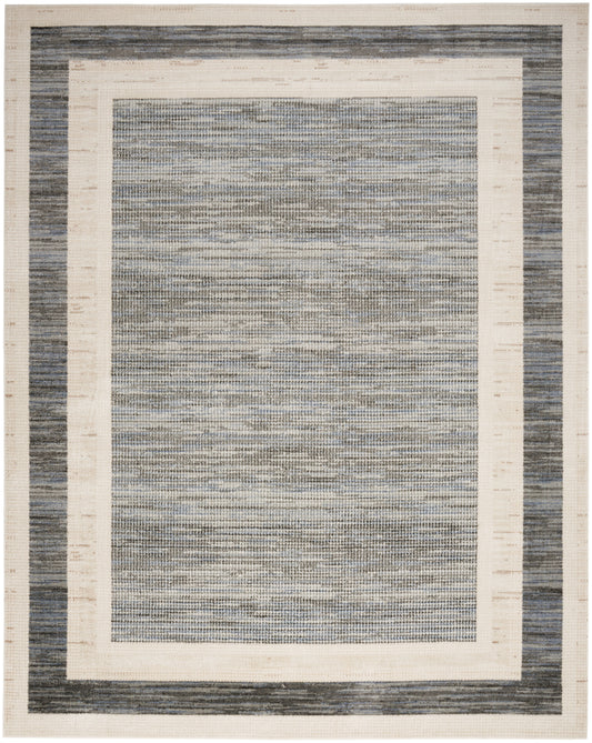 Coastal blue-gray woven rug with cream inner and outer borders and a framed central field.