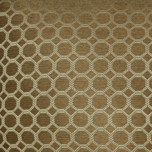 Beige fabric with cream circular lattice pattern; honeycomb look for upholstery or drapery.