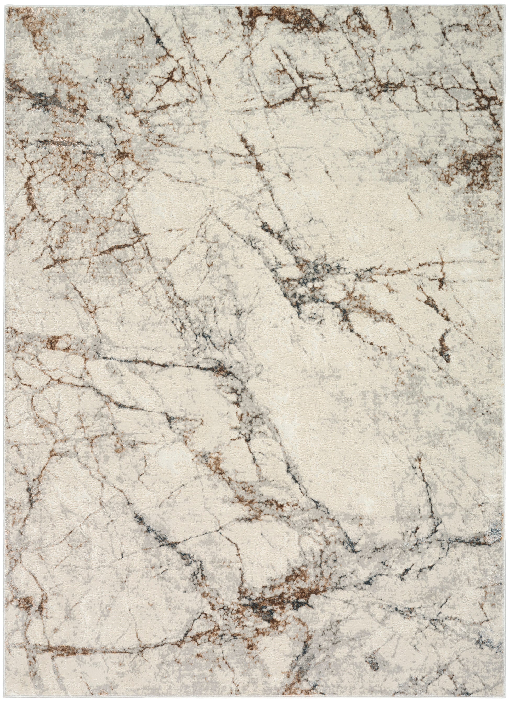 Cream marble-pattern rug with gray and brown veins; contemporary, soft-textured floor decor.