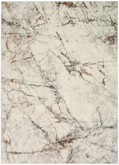 Cream marble-pattern rug with gray and brown veins; contemporary, soft-textured floor decor.