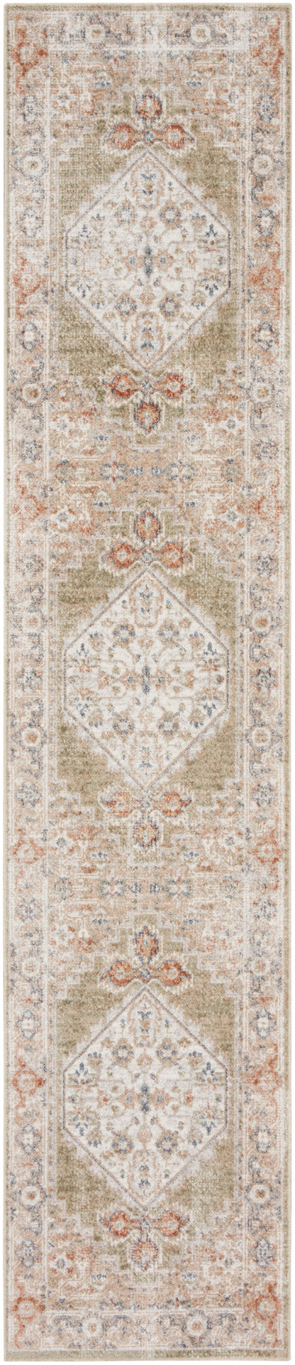 Long beige oriental runner rug with repeated diamond medallions in ivory, taupe and peach; ornate border, Persian-inspired.
