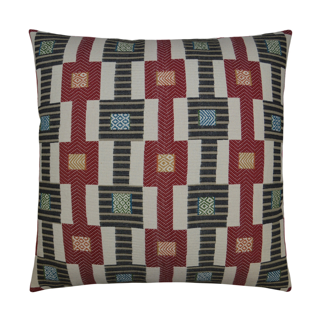 Decorative throw pillow with red geometric pattern on a beige background.