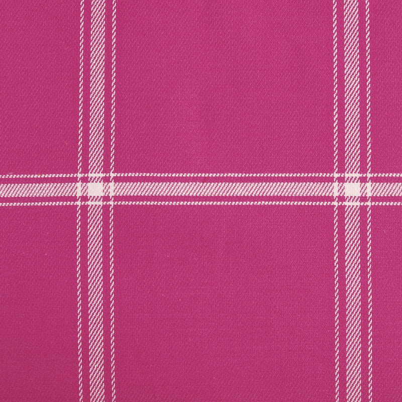 Pink plaid fabric swatch with white stripes, woven textile.