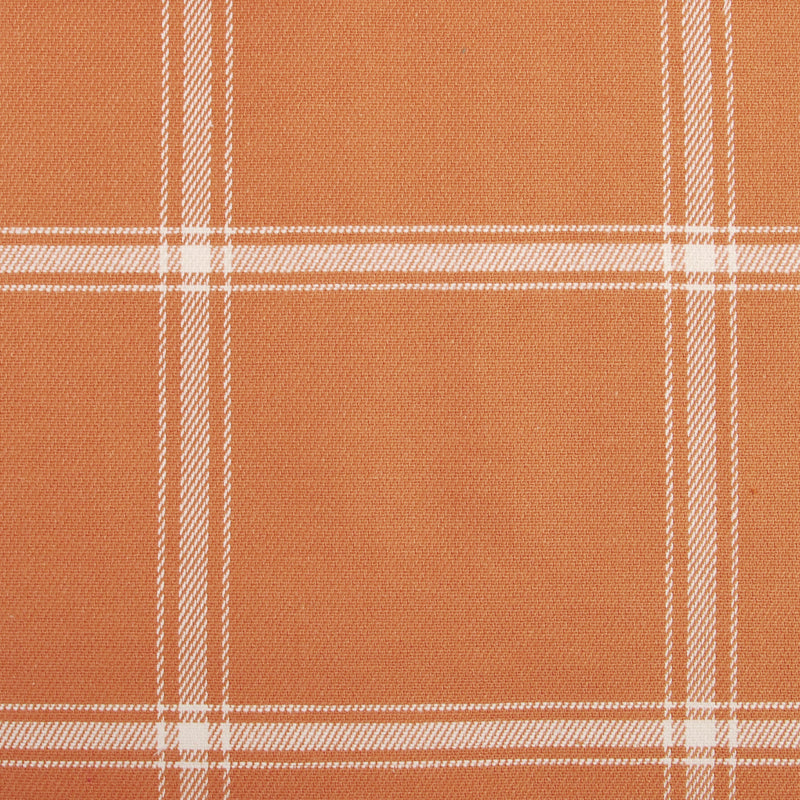 Orange plaid upholstery fabric with white grid lines forming large checks; woven textile texture.