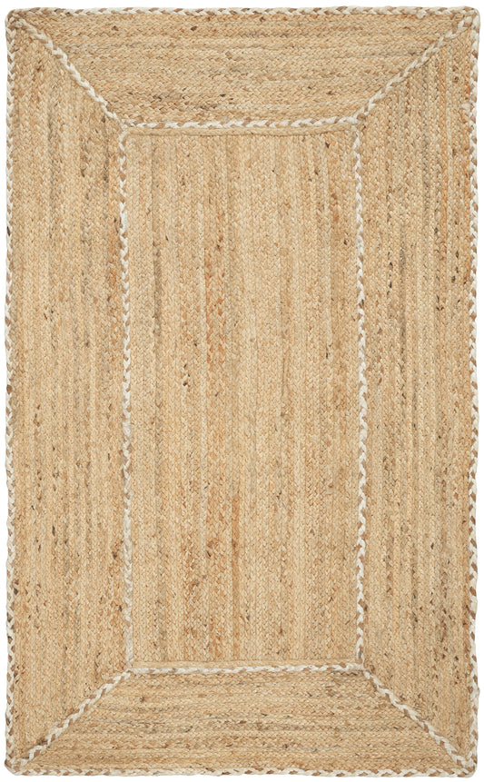 Natural beige jute rug with a rectangular framed inset border and white stitched accents.