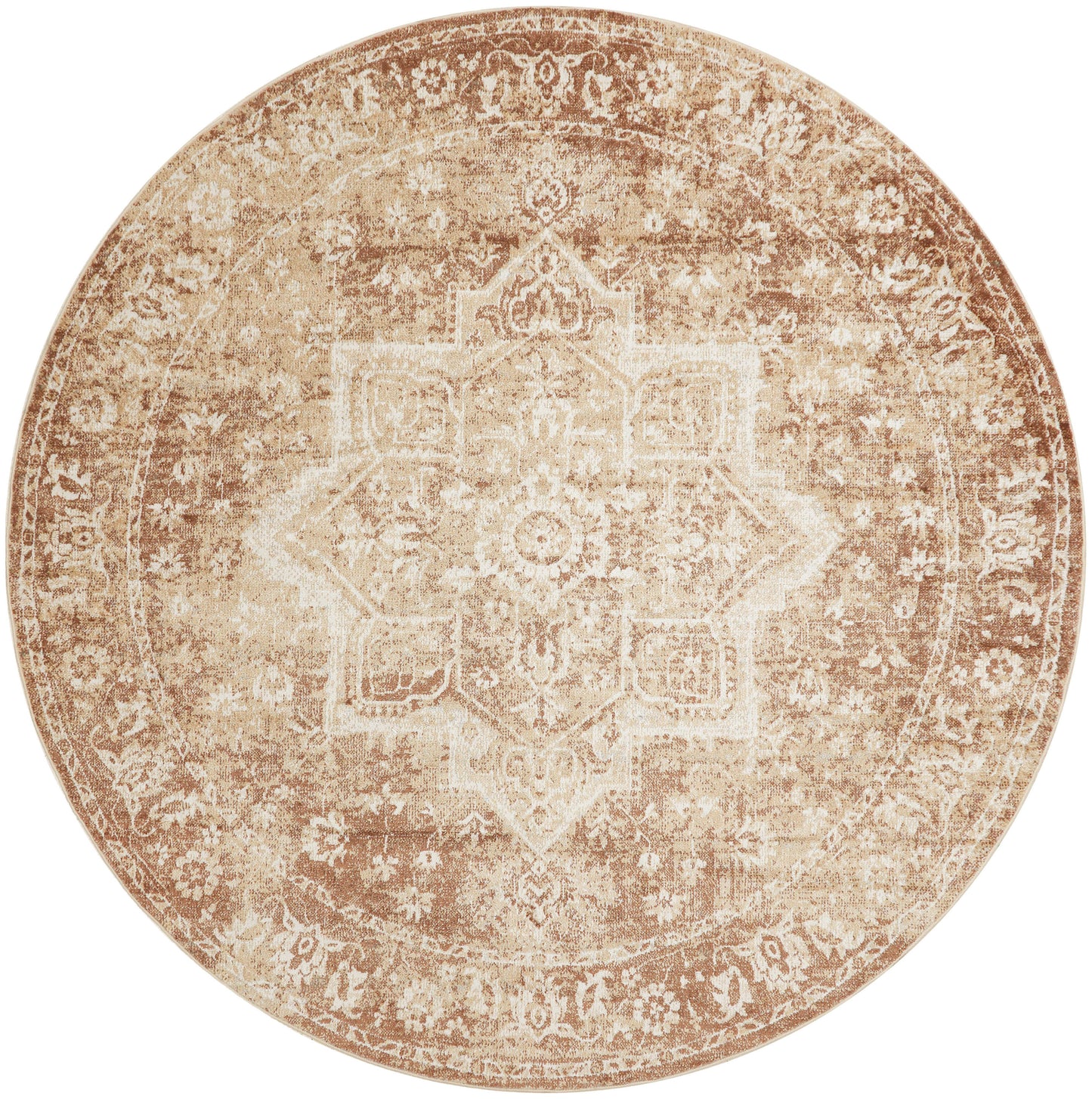 Round beige and tan rug with a vintage distressed oriental medallion pattern; woven texture, neutral living room decor.