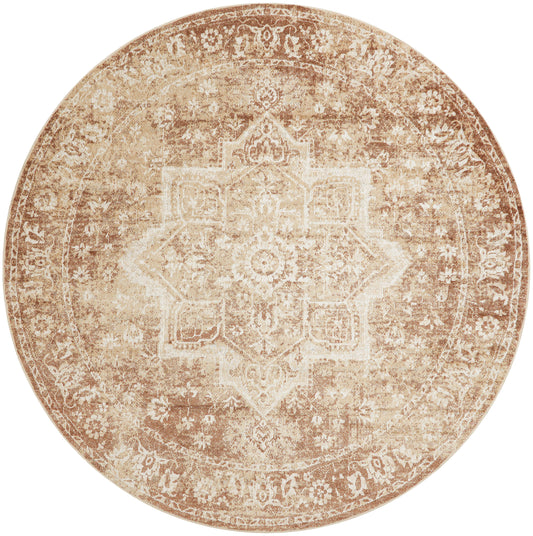 Round beige and tan rug with a vintage distressed oriental medallion pattern; woven texture, neutral living room decor.