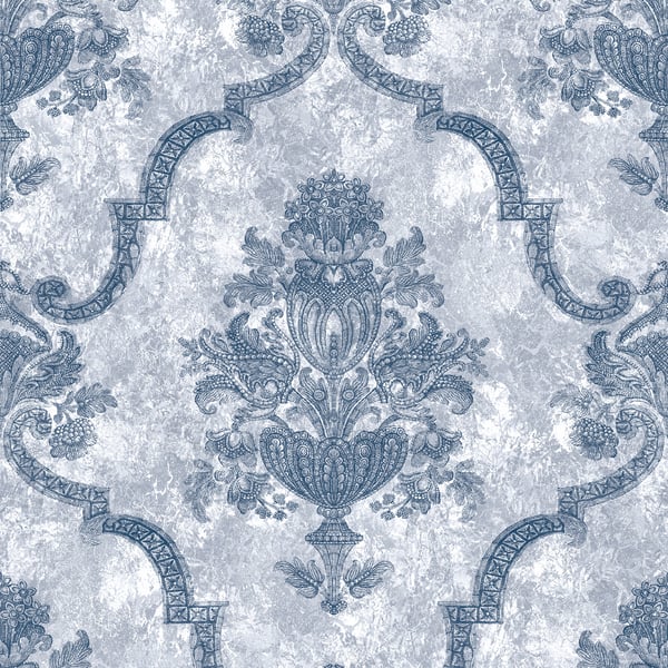 Blue damask wallpaper with an ornate floral urn motif, symmetrical scrolls and a textured gray-blue background.