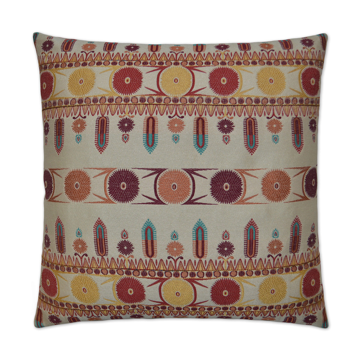 Boho patterned fabric throw pillow with rows of colorful circular motifs in red, orange, yellow and teal on beige.