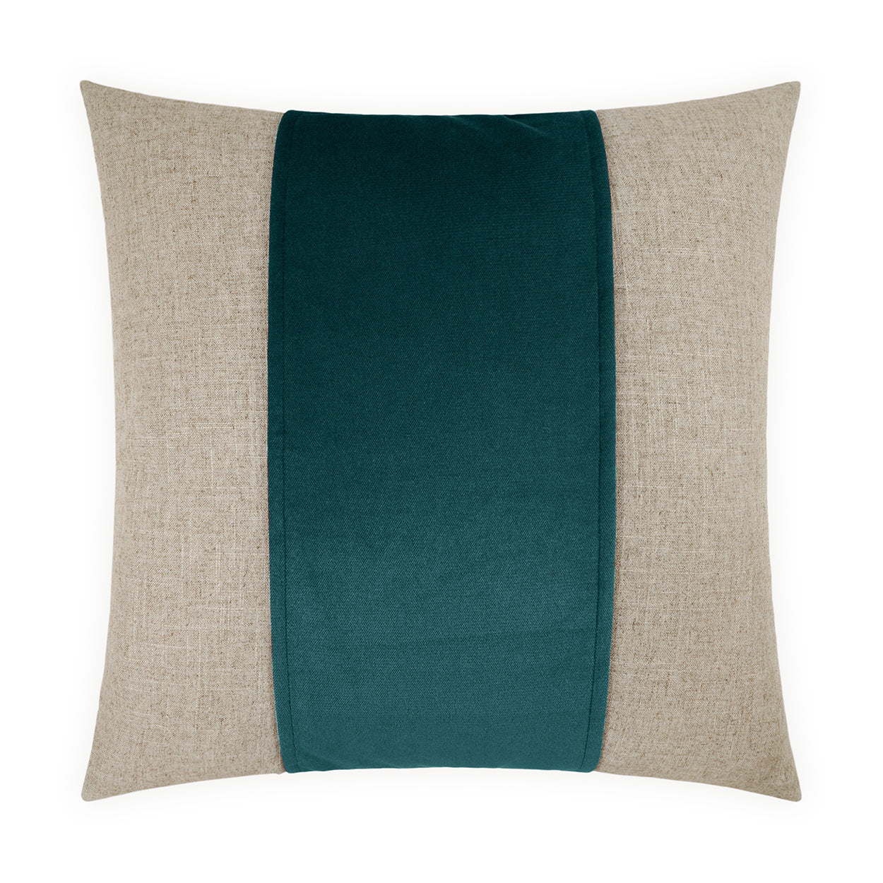 Beige square decorative pillow with a dark teal velvet center panel for sofa or bed.