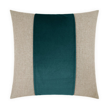 Beige square decorative pillow with a dark teal velvet center panel for sofa or bed.