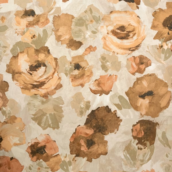 Watercolor floral pattern with peach peony blossoms, brown accents and sage leaves on a beige background.
