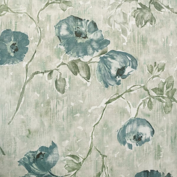 Textured sage-green wallcoverings with blue watercolor petunia flowers and twisting green vines, botanical pattern.