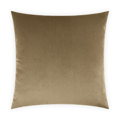 Taupe velvet square throw pillow with soft sheen and plush texture in warm gold-brown color.