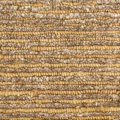Close-up of a beige and tan striped looped-pile rug with chunky, textured weave.