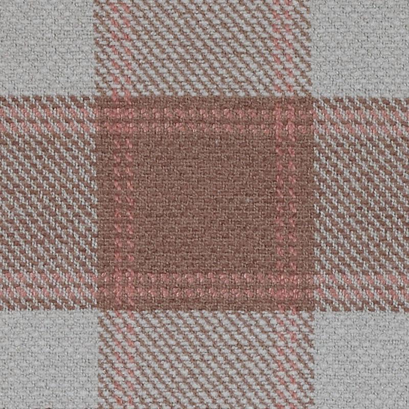 Close-up of plaid fabric with a brown central square, beige background and pink accent lines.