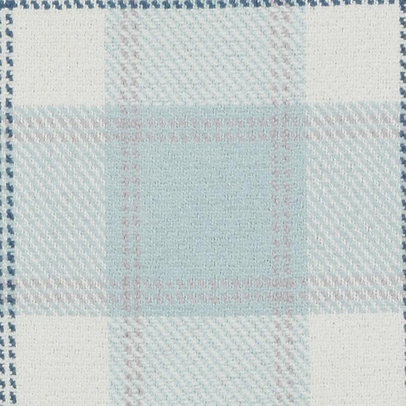 Pastel plaid woven fabric swatch with light blue, white blocks and subtle pink lines.