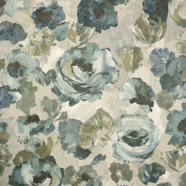 Watercolor floral print in blue, teal and sage on cream; soft rose blooms for wallcoverings.