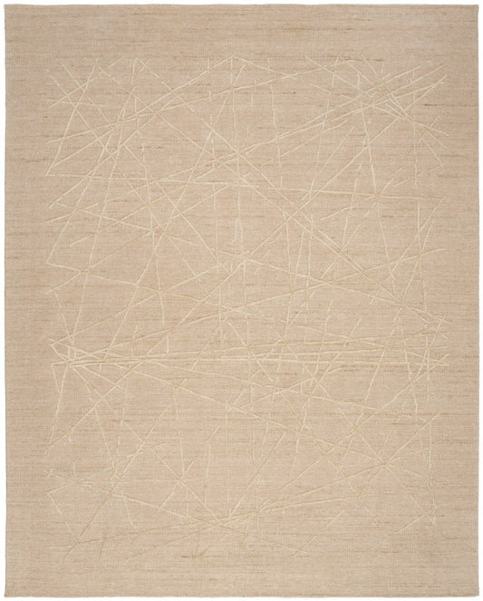 Beige flat-weave rug, 8' x 10', with a subtle cream geometric line pattern and soft texture.