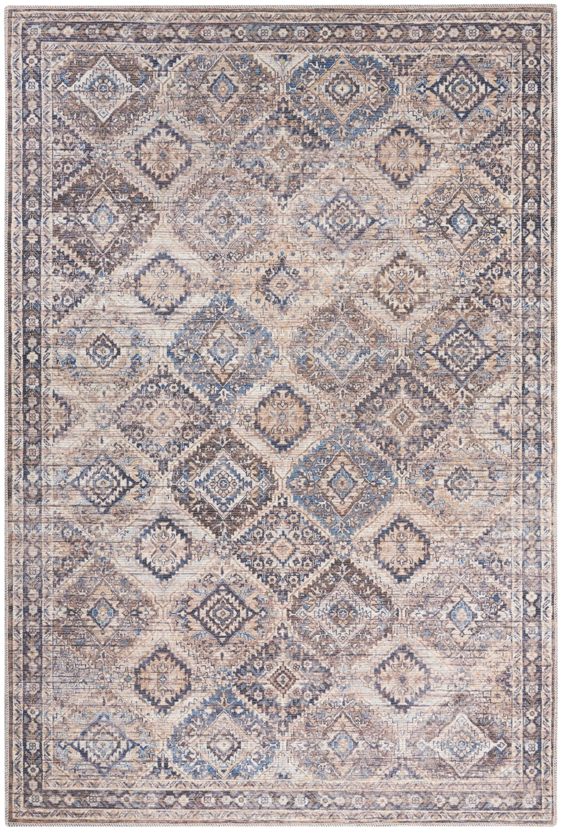Muted beige and blue oriental area rug with repeating diamond medallions and a detailed floral border.