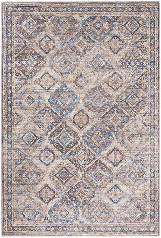Muted beige and blue oriental area rug with repeating diamond medallions and a detailed floral border.