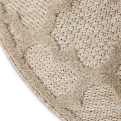 Beige round jute rug with textured geometric pattern and braided edge.