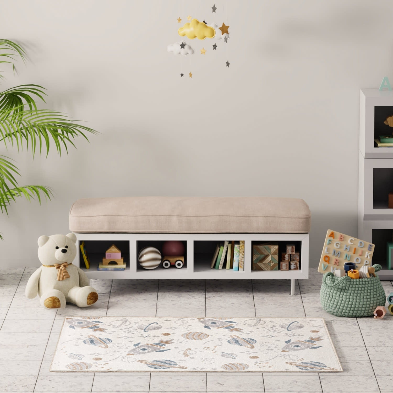 White low storage bench with beige cushion and open cubbies holding toys and books; cozy kids' room with plant and rug.