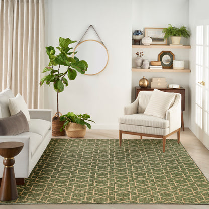 Green jute rug with beige lattice pattern in a cream living room; cream sofa, striped armchair, plants, and wooden shelves.