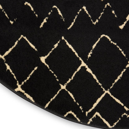 Round black rug with cream diamond lattice pattern, plush pile, modern geometric style.