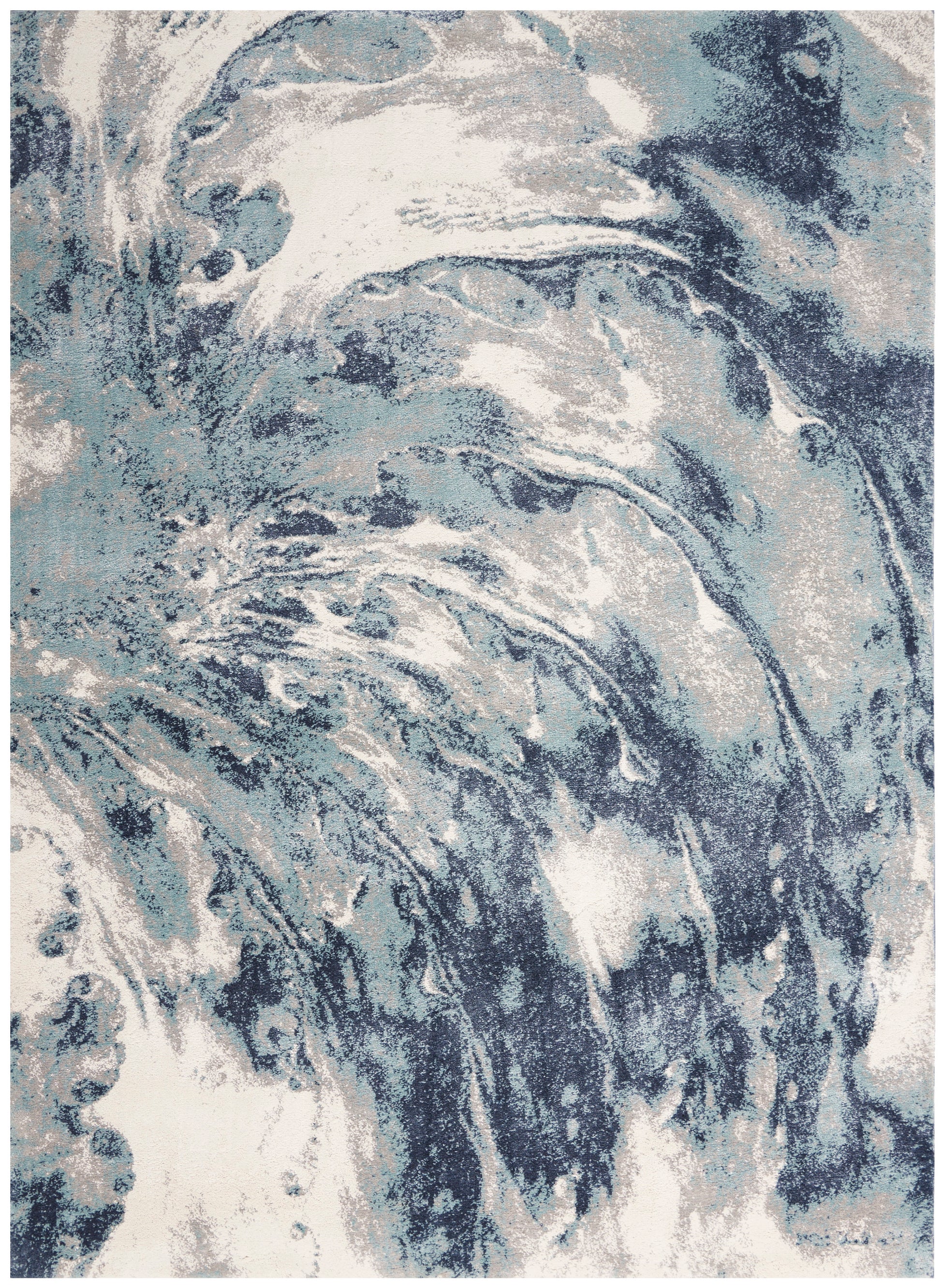 Blue and white marbled abstract area rug with swirling wave patterns; decorative home textile.