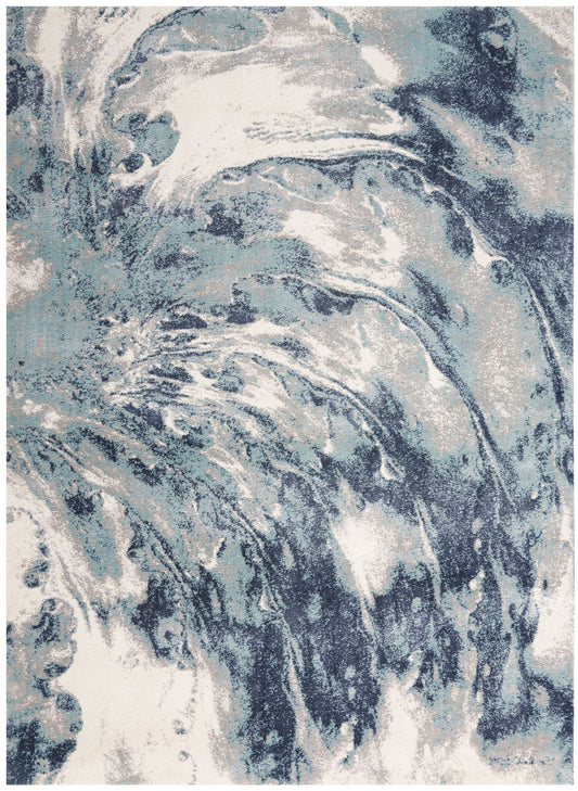 Blue and white marbled abstract area rug with swirling wave patterns; decorative home textile.