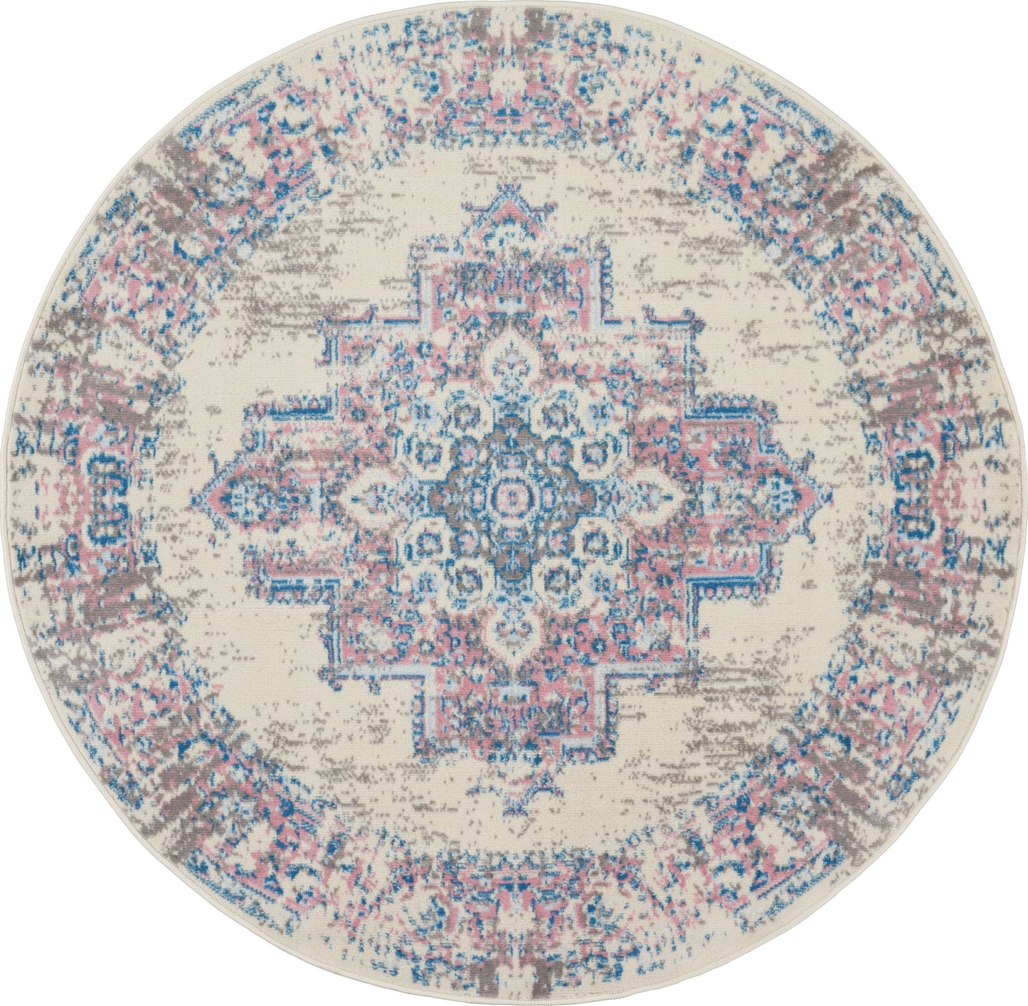 Round rug with distressed oriental medallion; cream base, blue and pink accents, taupe border.