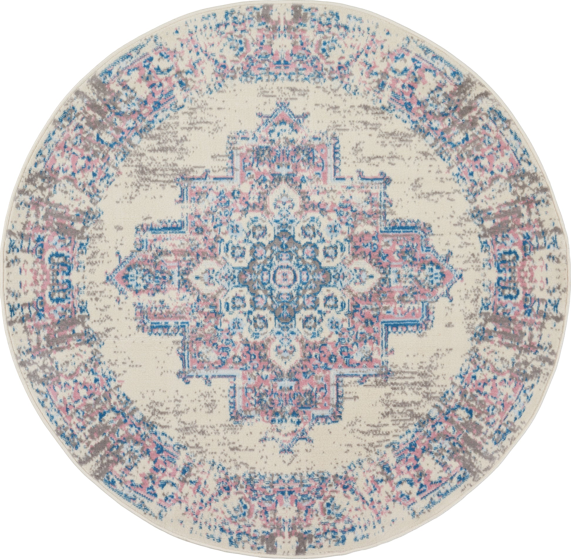 Round rug with distressed oriental medallion; cream base, blue and pink accents, taupe border.