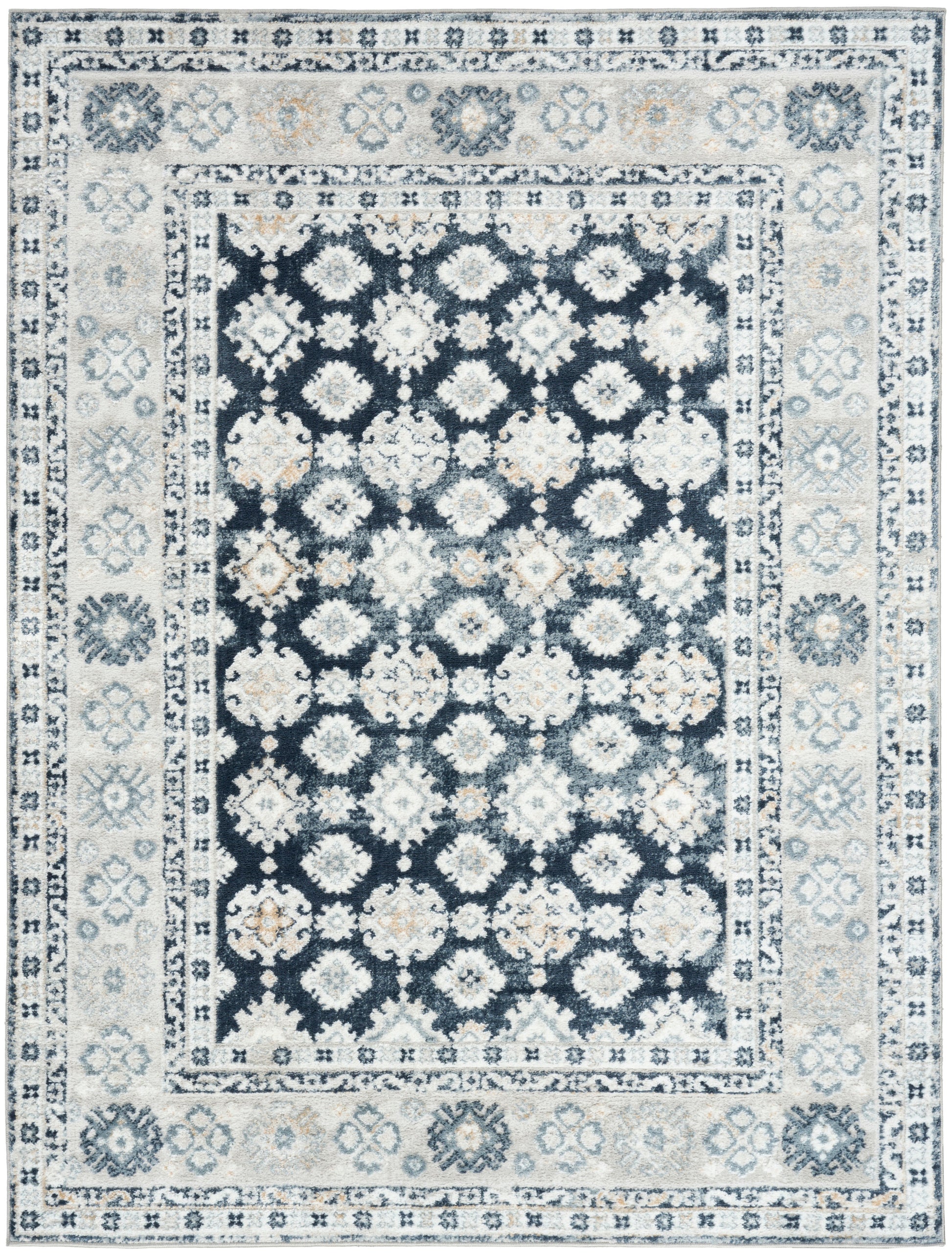 Persian-style area rug with dark navy central field and ivory-blue floral motifs, pale blue border.