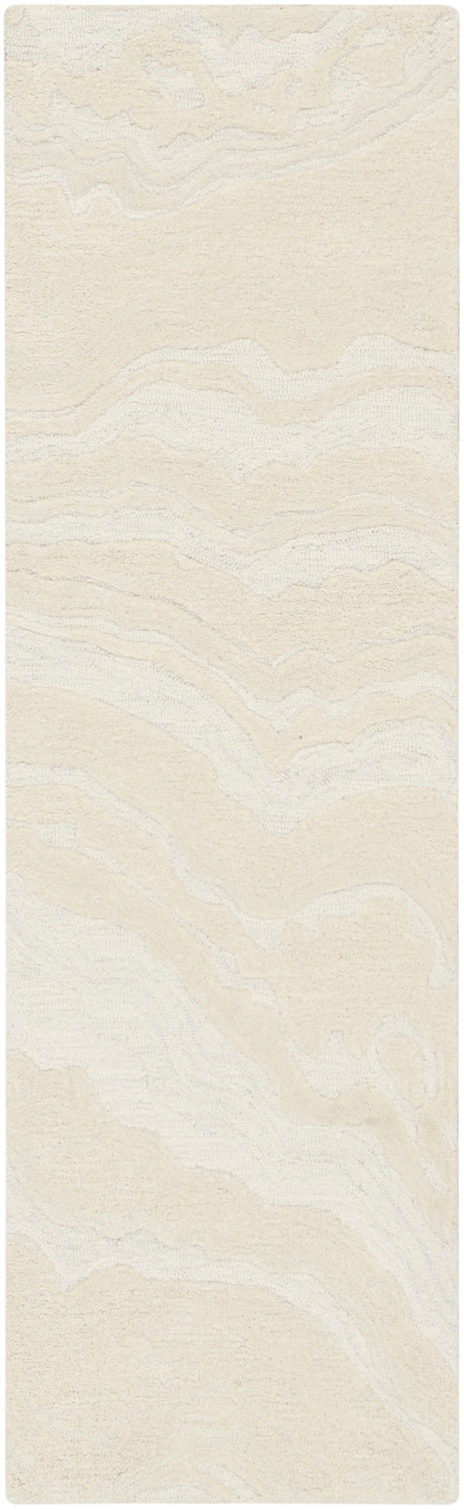 Rectangular cream-beige shag rug with pale marbled, wavy stripes; soft texture for living room or bathroom decor.