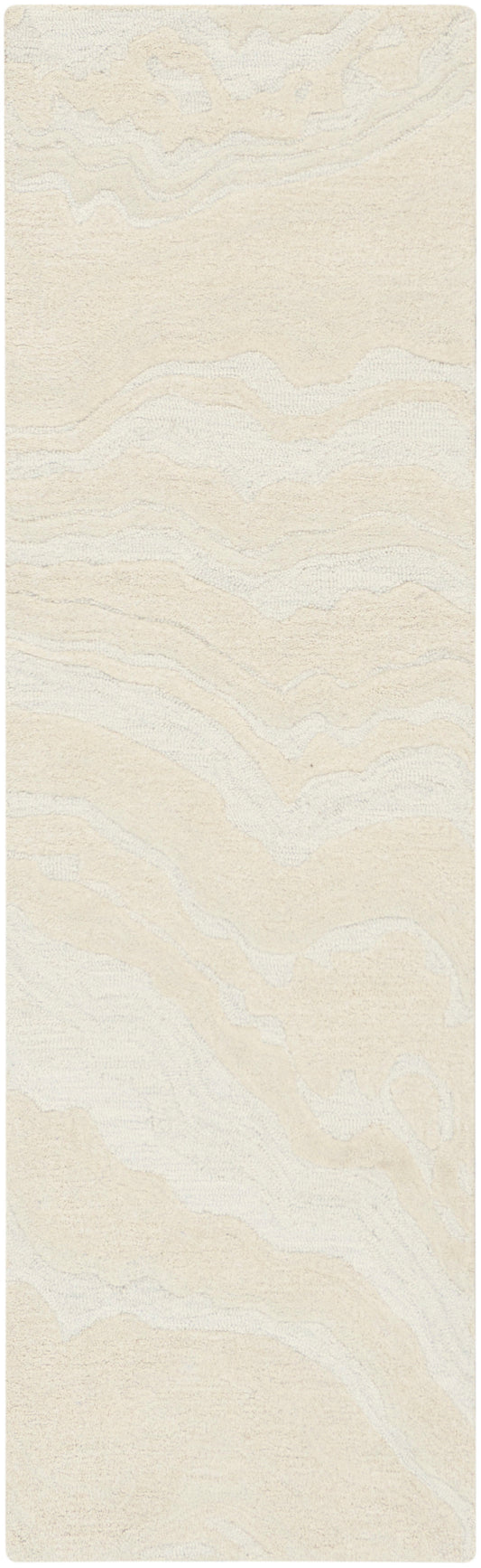 Rectangular cream-beige shag rug with pale marbled, wavy stripes; soft texture for living room or bathroom decor.