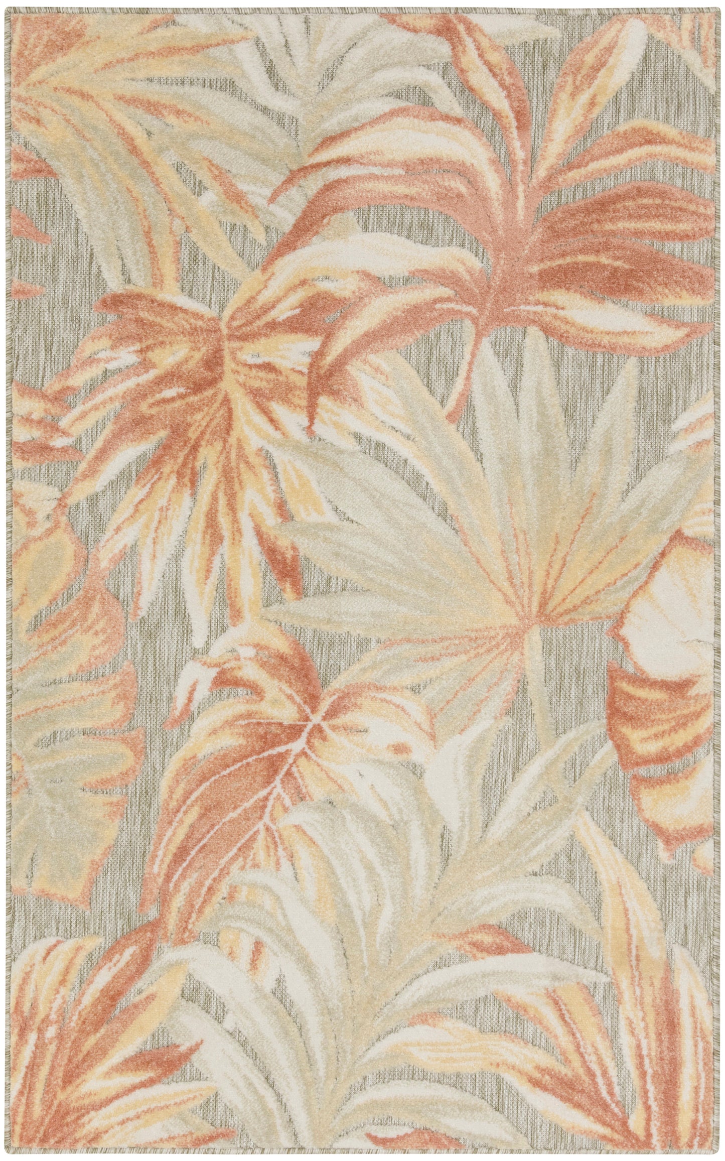 Rectangular tropical-pattern rug with peach, ivory and beige palm leaves on a light gray striped background.