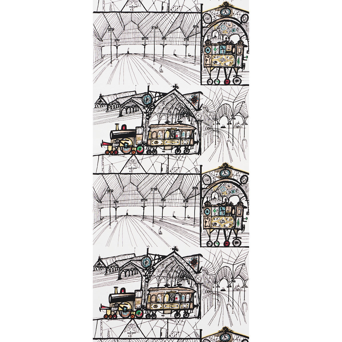 Sketchy pattern of trains in a glass-roofed station, repeated panels with teal, yellow and red accents.
