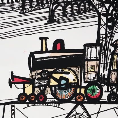 Whimsical abstract train illustration with bold black outlines, yellow chimney, beige boiler, and multicolored wheels.