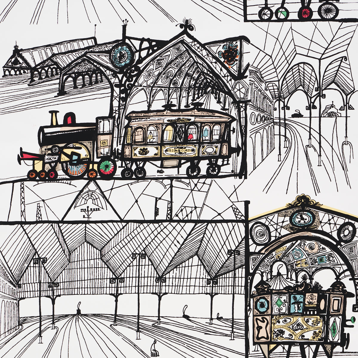 Whimsical line drawing of a vintage steam train and carriage at a grand glass-roofed station with ornate arches.