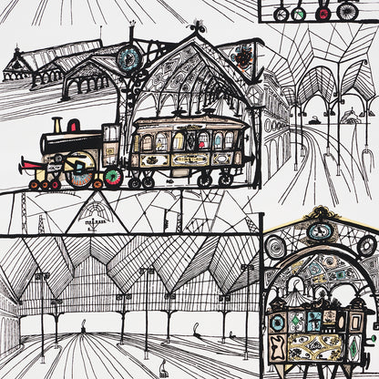 Whimsical line drawing of a vintage steam train and carriage at a grand glass-roofed station with ornate arches.