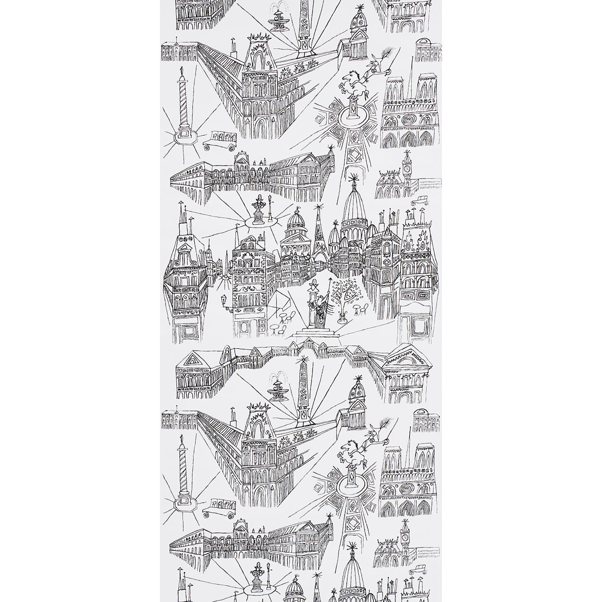 Monochrome grayscale scarf with line-drawn city landmarks and towers in a repeating pattern.