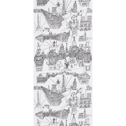 Monochrome grayscale scarf with line-drawn city landmarks and towers in a repeating pattern.
