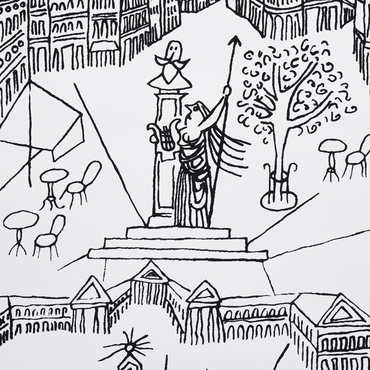 Black-and-white sketch of a city square with a statue on a pedestal, steps, surrounding buildings, trees and outdoor tents.